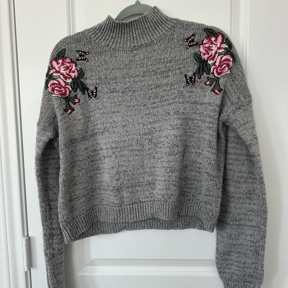 Cloud Chaser Gray Sweater Embroidered Butterfly and Roses